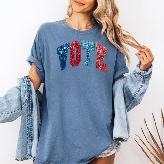 Vote - Glitter Print Unisex Tee Shirt